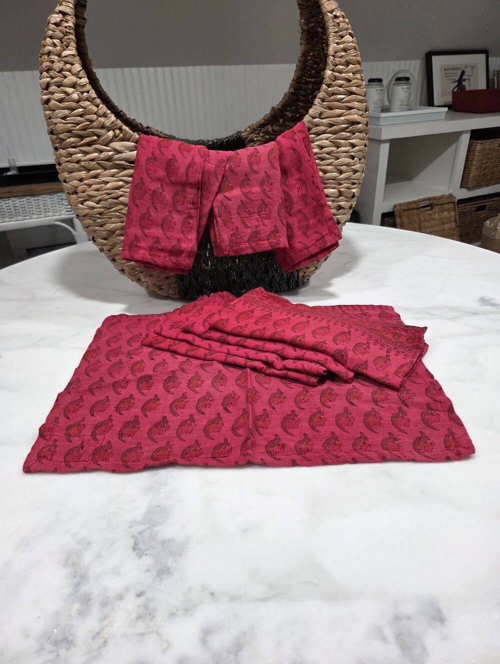 Red Print Handsewn Overdyed Artisan Napkin Placemat Set, 4 Count